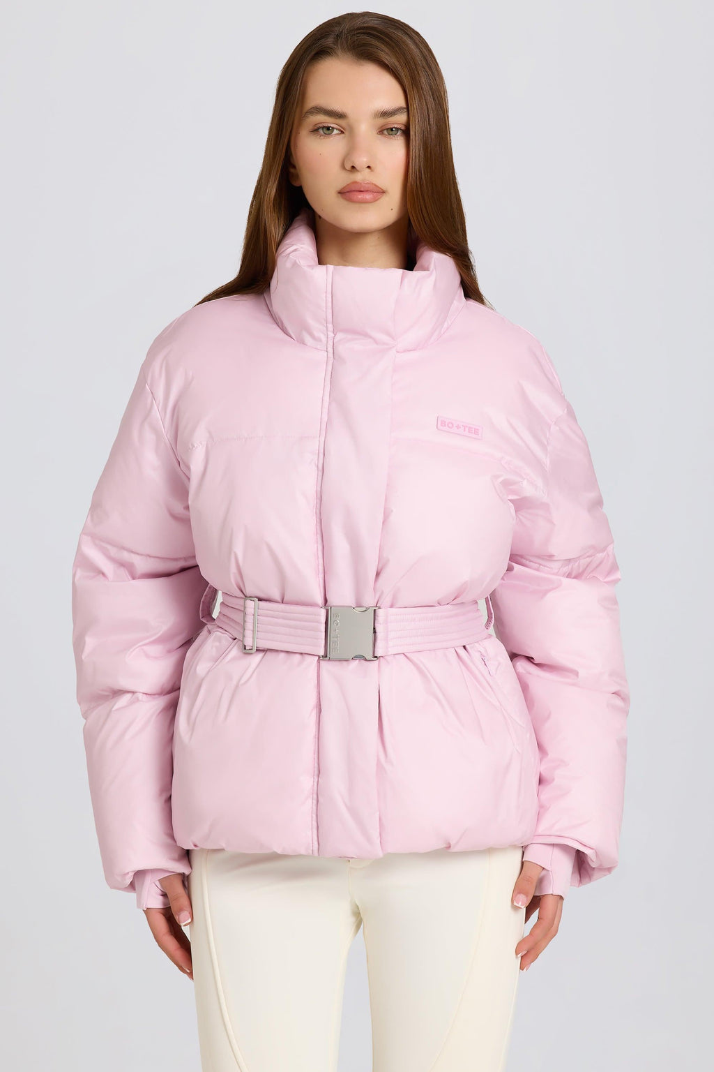 Waterproof Belted Oversized Ski Jacket In Powder Pink