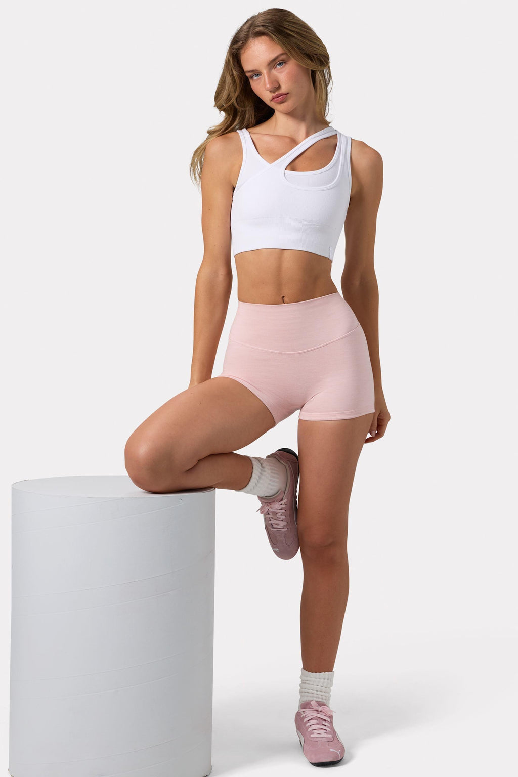 Seamless Soft Rib Asymmetric Sports Bra In White