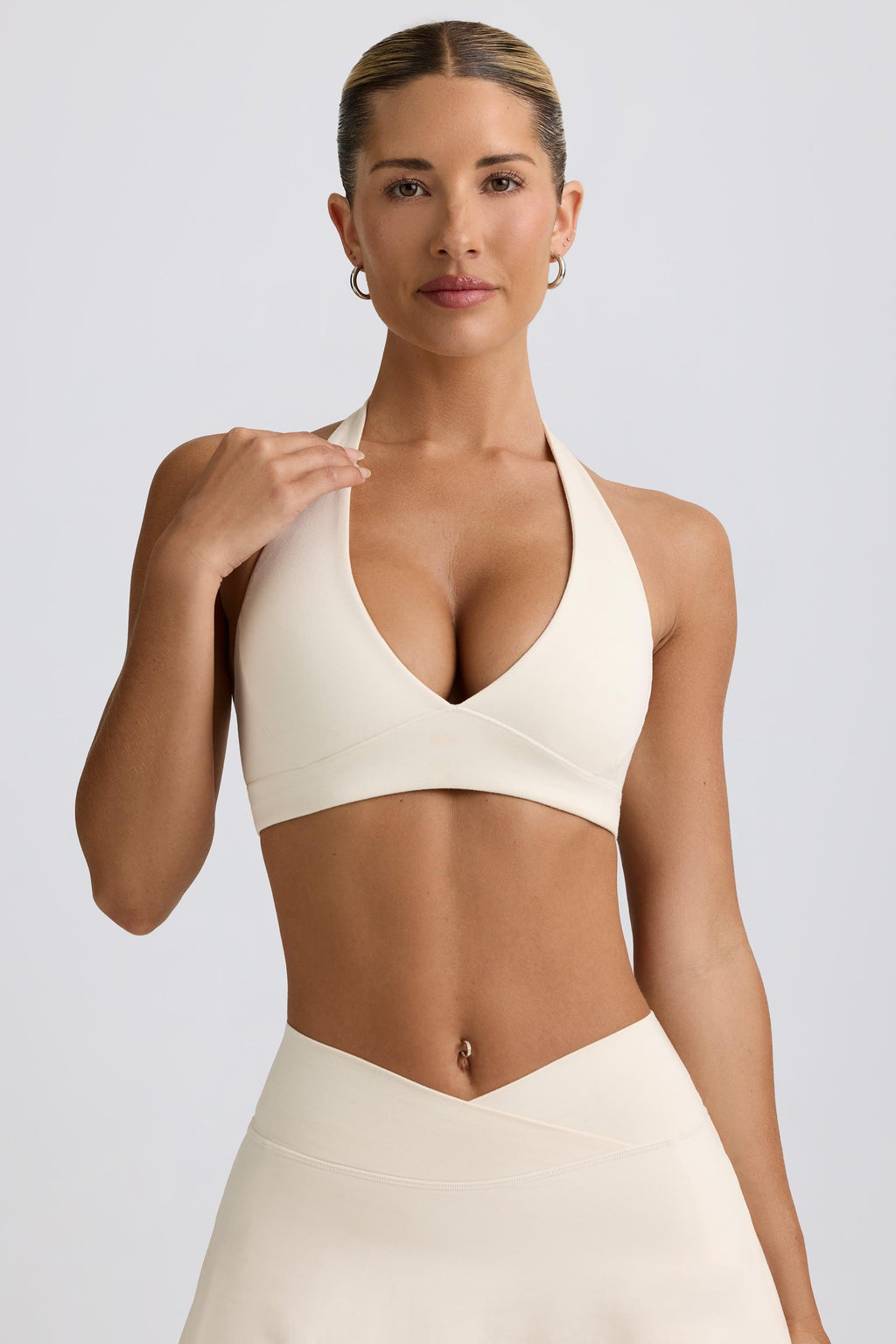Brushed Jersey V-neck Sports Bra In Vanilla