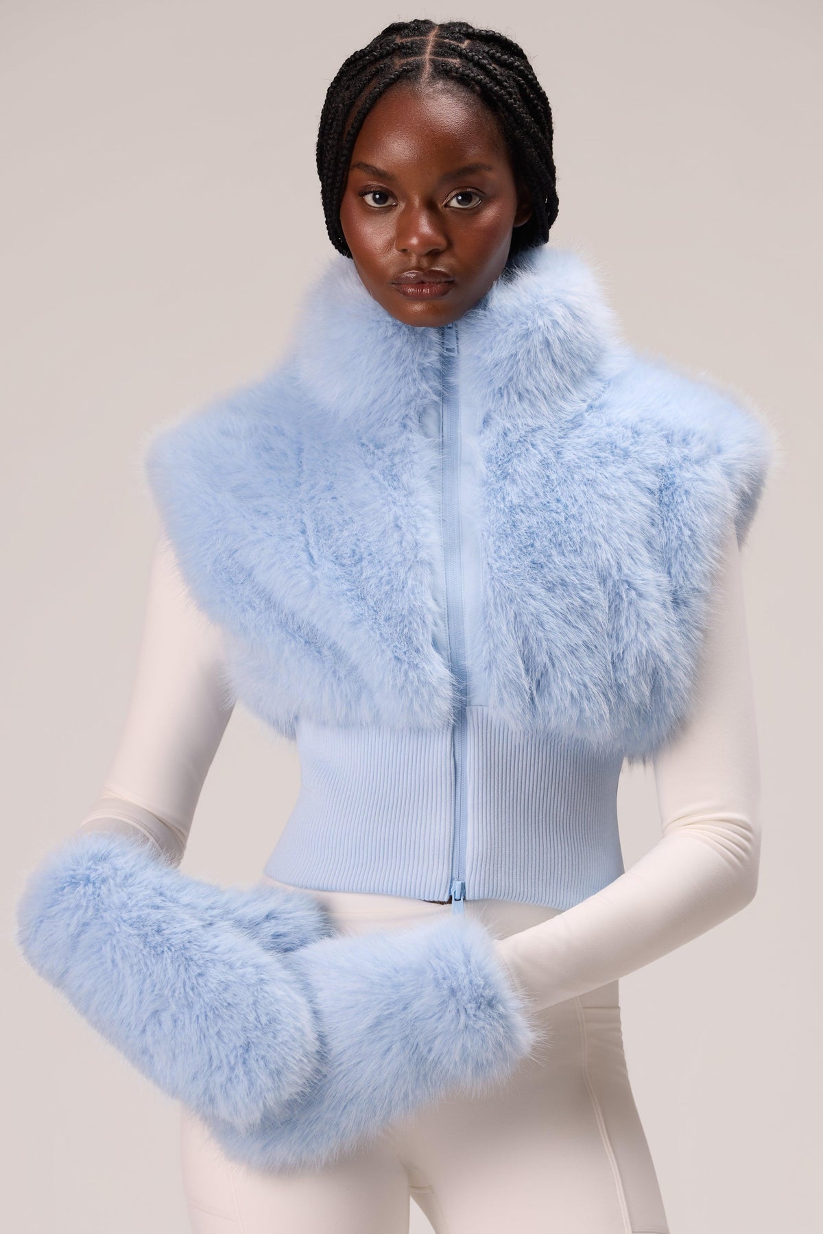 Faux Fur Tote Mitts In Powder Blue