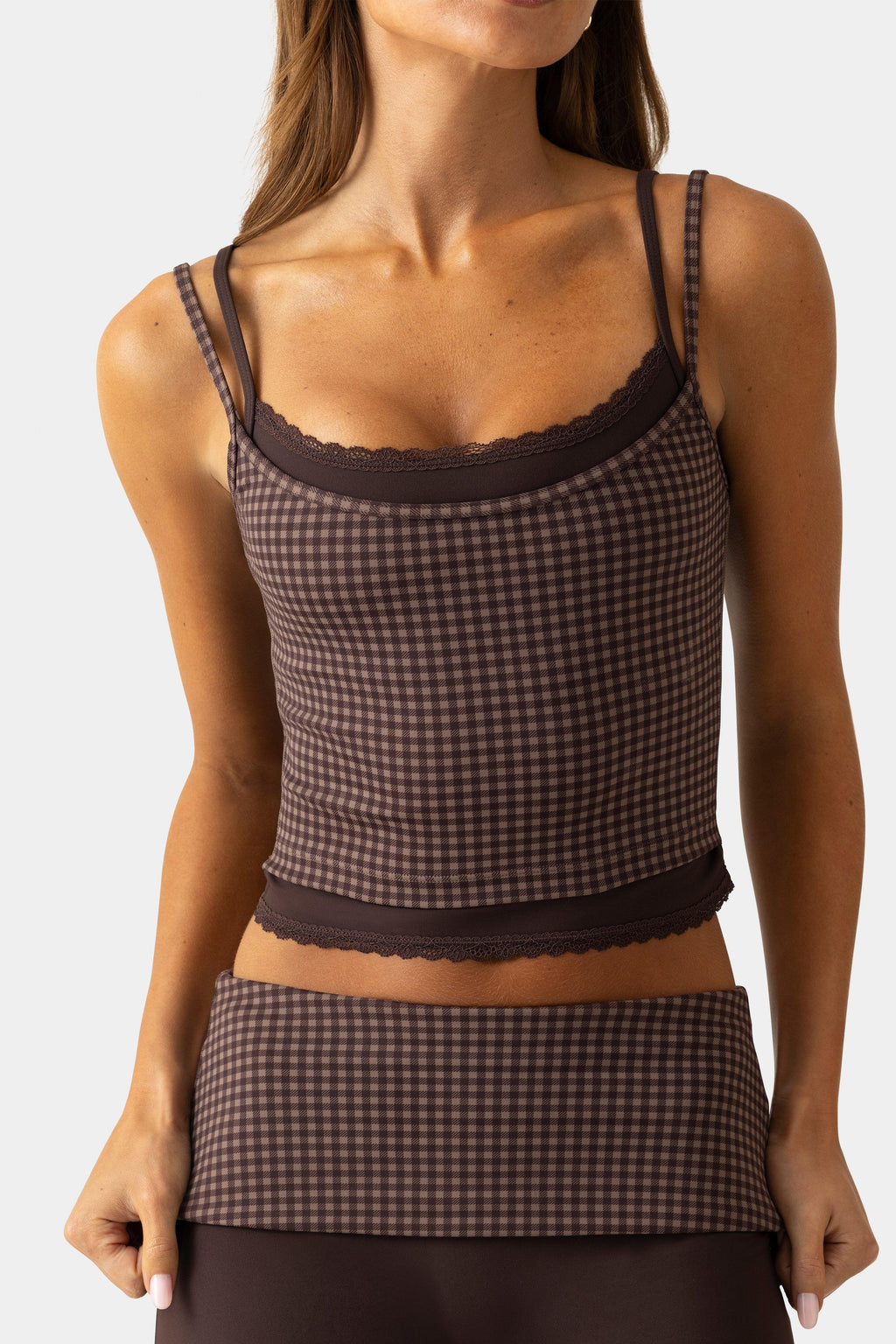 Soft Active Double-layer Tank Top In Espresso Gingham