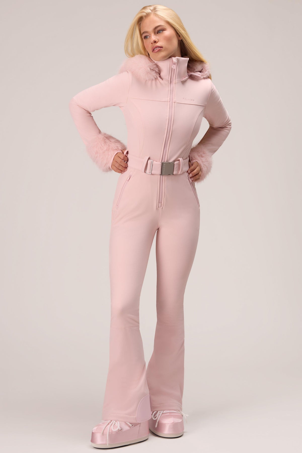 Water Resistant Fitted Ski Suit With Faux Fur Hood In Powder Pink