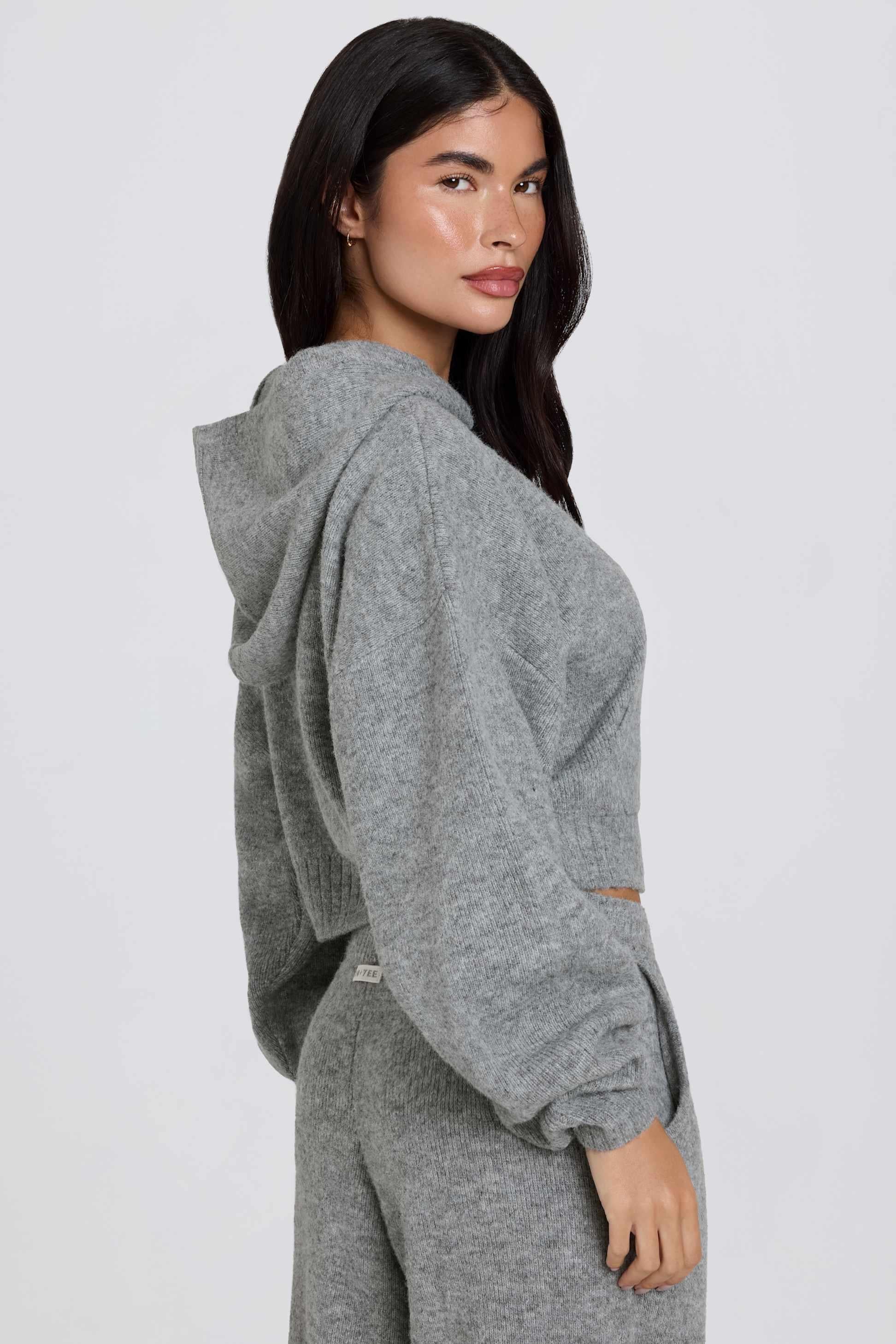 Soft Knit Zip-up Cropped Hoodie In Grey