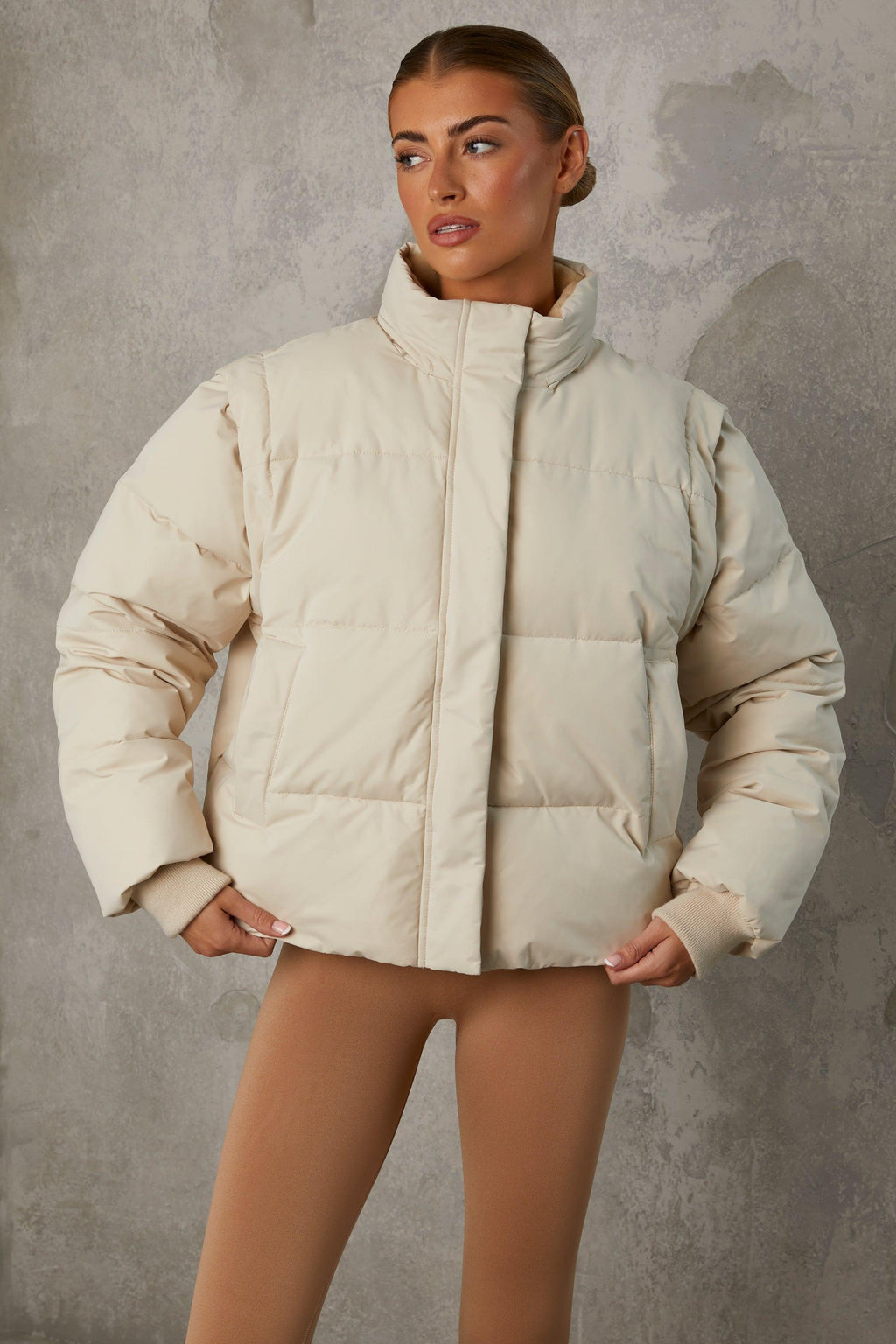 Cropped Puffer Jacket With Detachable Sleeves In Sand