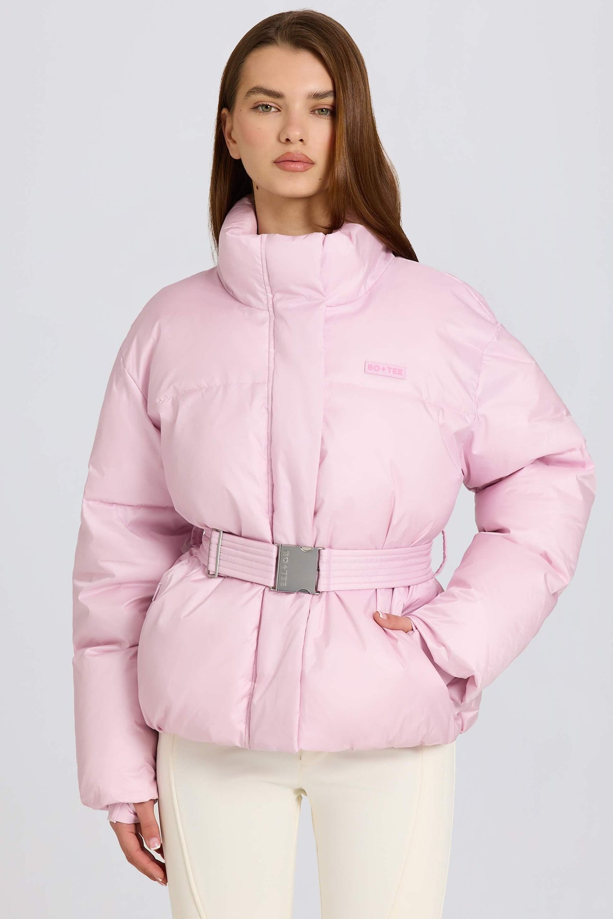 Waterproof Belted Oversized Ski Jacket In Powder Pink