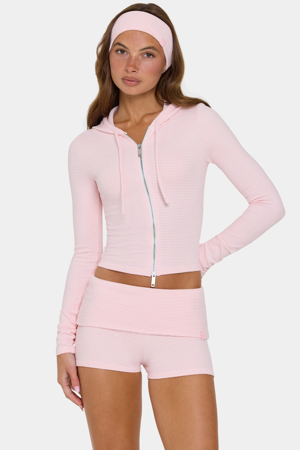 Ribbed Jersey Cropped Hoodie In Peach Stripe