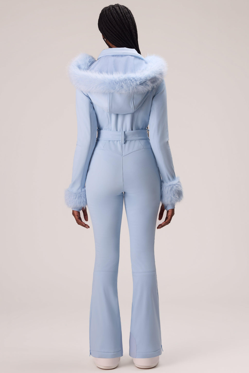 Water Resistant Fitted Ski Suit With Faux Fur Hood In Powder Blue