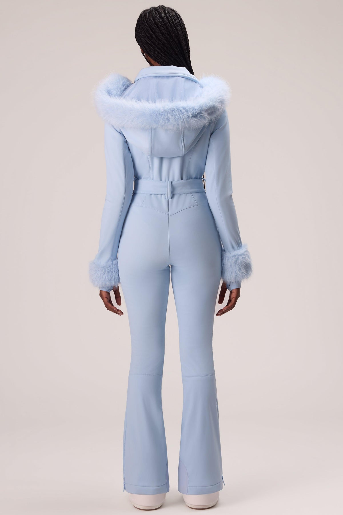 Water Resistant Fitted Ski Suit With Faux Fur Hood In Powder Blue