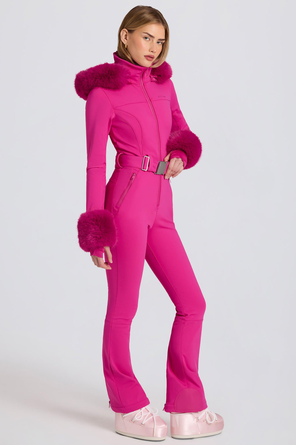 Waterproof Faux-fur Hood Fitted Ski Suit In Magenta Pink